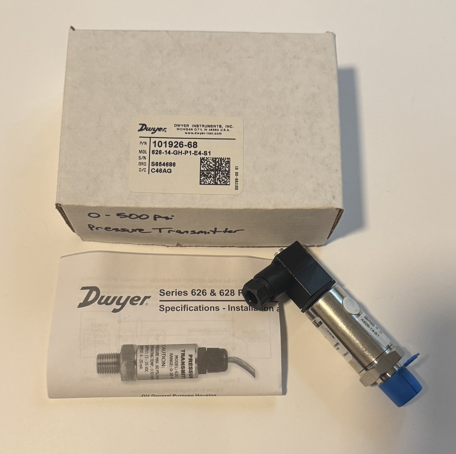 Dwyer Instruments 626-14-GH-P1-E4-S1 Pressure Transducer, 0 To 500 Psi, NEW