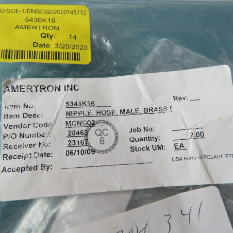 AMERTRON 5436K16 Qty of 14 per Lot AMERTRON NIPPLE HOSE MALE DIXON BRASS BARB F