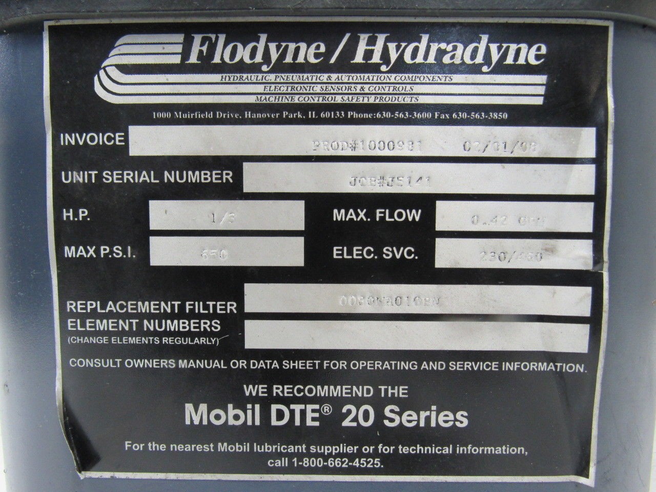 Flodyne Hydradyne 1/2HP Hydraulic Power Pump Unit 650psi .0.42GPM 1-1/2 Gal.