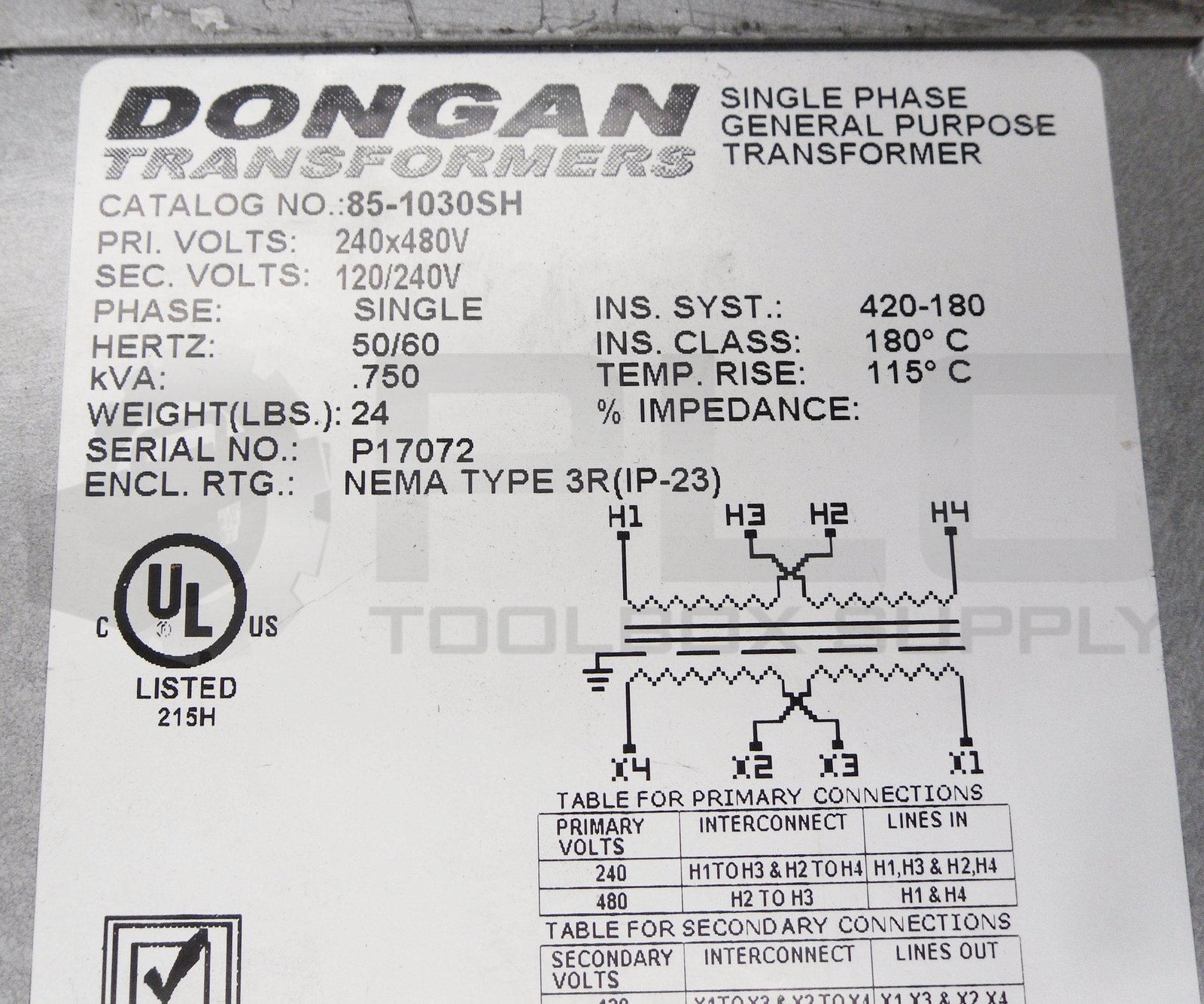 NEW DONGAN 85-1030SH GENERAL PURPOSE TRANSFORMER 240-480V 1PH 50/60HZ