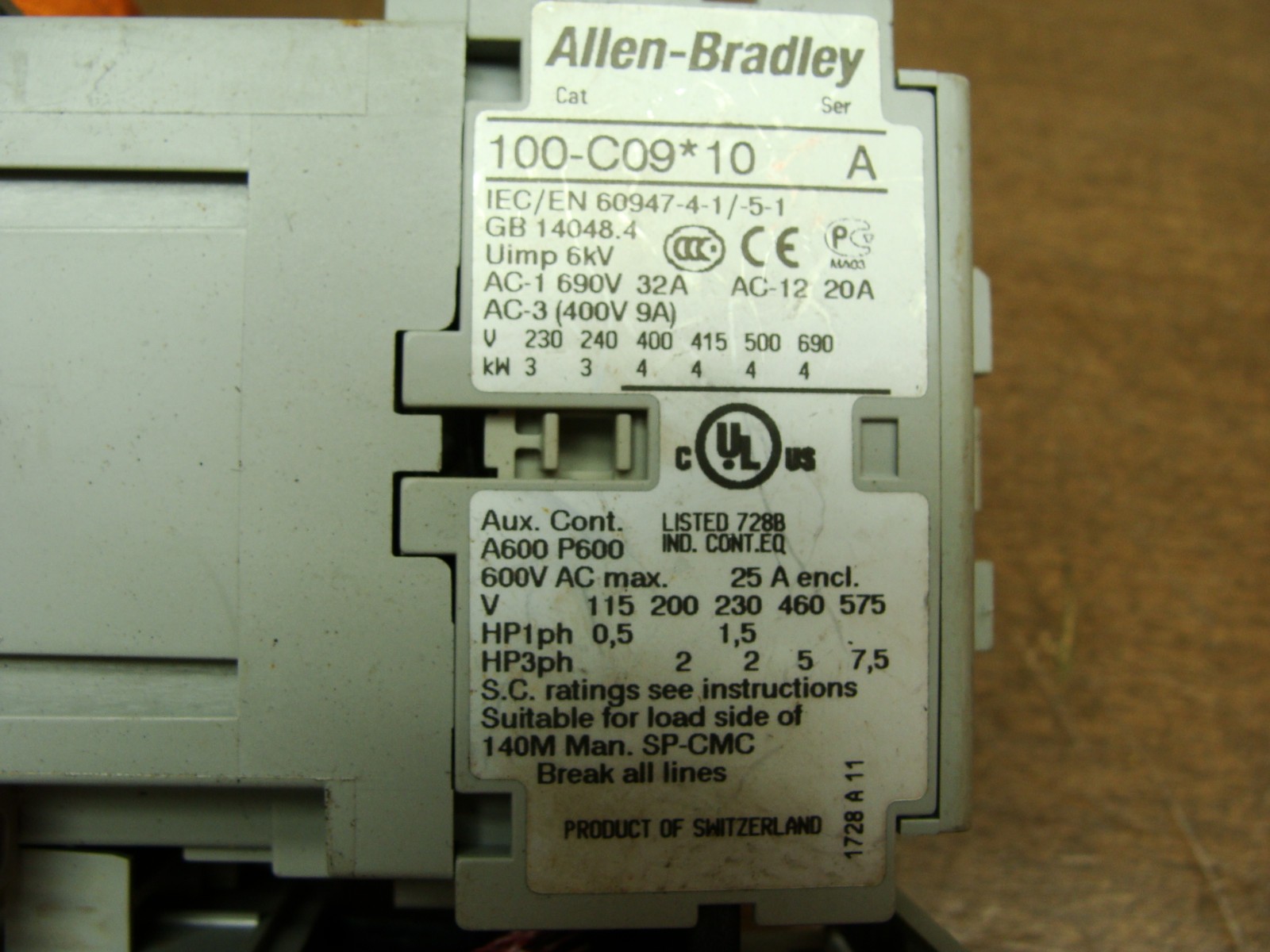 ALLEN BRADLEY 100-C09*10 SER A CONTACTOR W/193-ED1CB SER C OVERLOAD RELAY