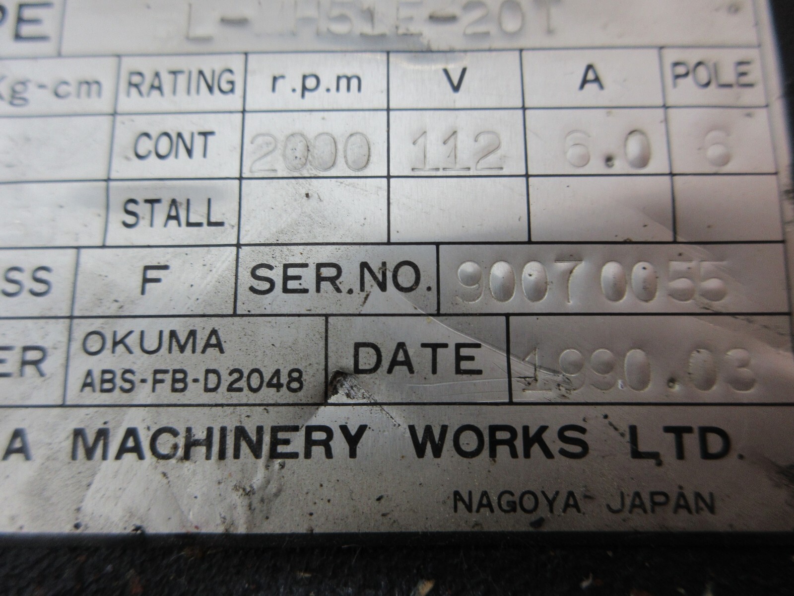 OKUMA SERVO MOTOR BL-MH51E-20T ABS-FB-D2048 ENCODER WARRANTY