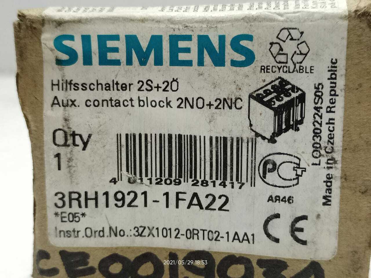 Siemens 3RH1921-1FA22 Aux. Contact Block 2NO + 2NC
