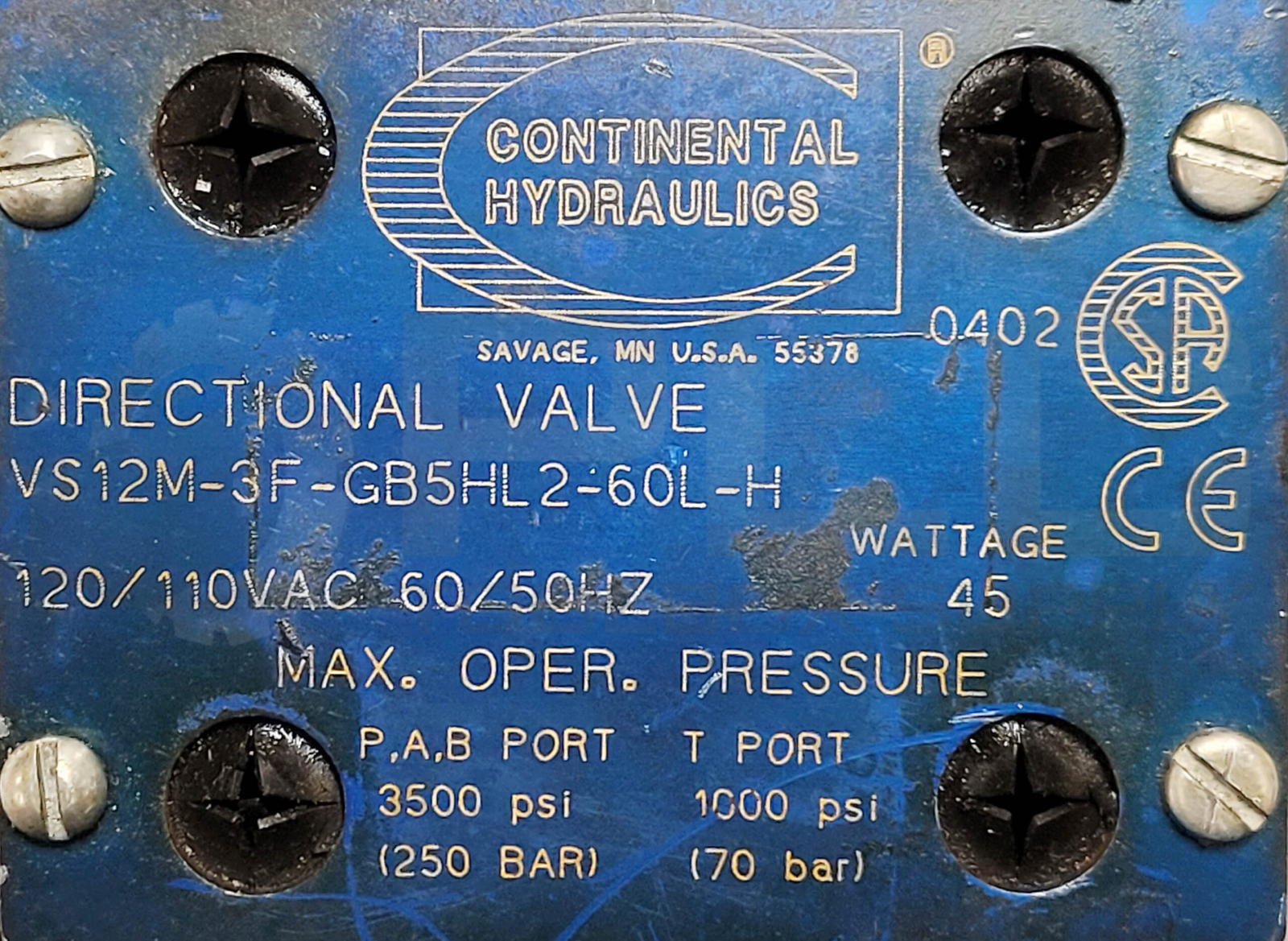 CONTINENTAL HYDRAULICS VS12M-3F-GB5HL2-60L-H DIRECTIONAL VALVE