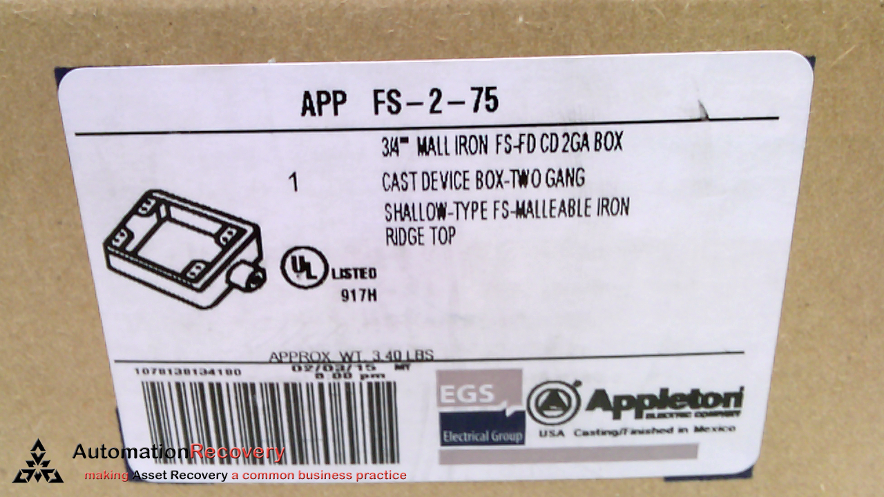 APPLETON FS-2-75, CAST DEVICE BOX, 3/4″, SHALLOW TYPE FS MALL. IRON, NEW #213568