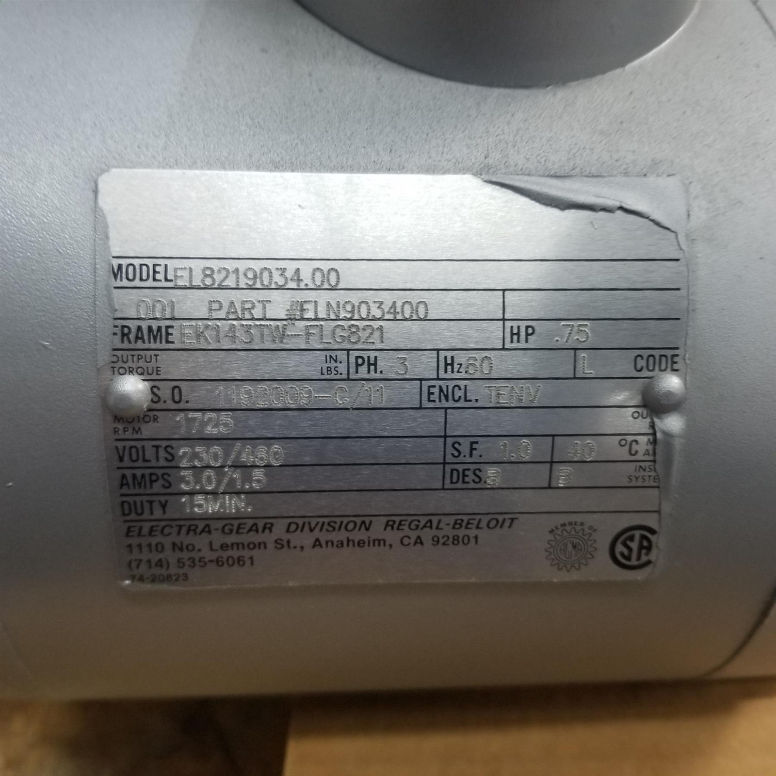 Electra-Gear Motor 0.75 HP 1725 RPM 230/460 V 3.0/1.5 A 60 HZ 3 PHASE