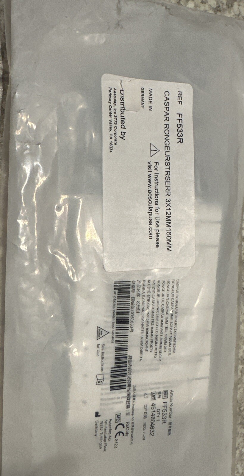 NEW AESCULAP FF533R Caspar Straight Serrated Rongeur 3x12mm 160mm