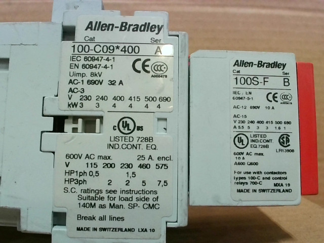 Allen Bradley 100S-C23D404C /A /C Safety Contact w/ AB 100S-F AB 100-C09*400 …