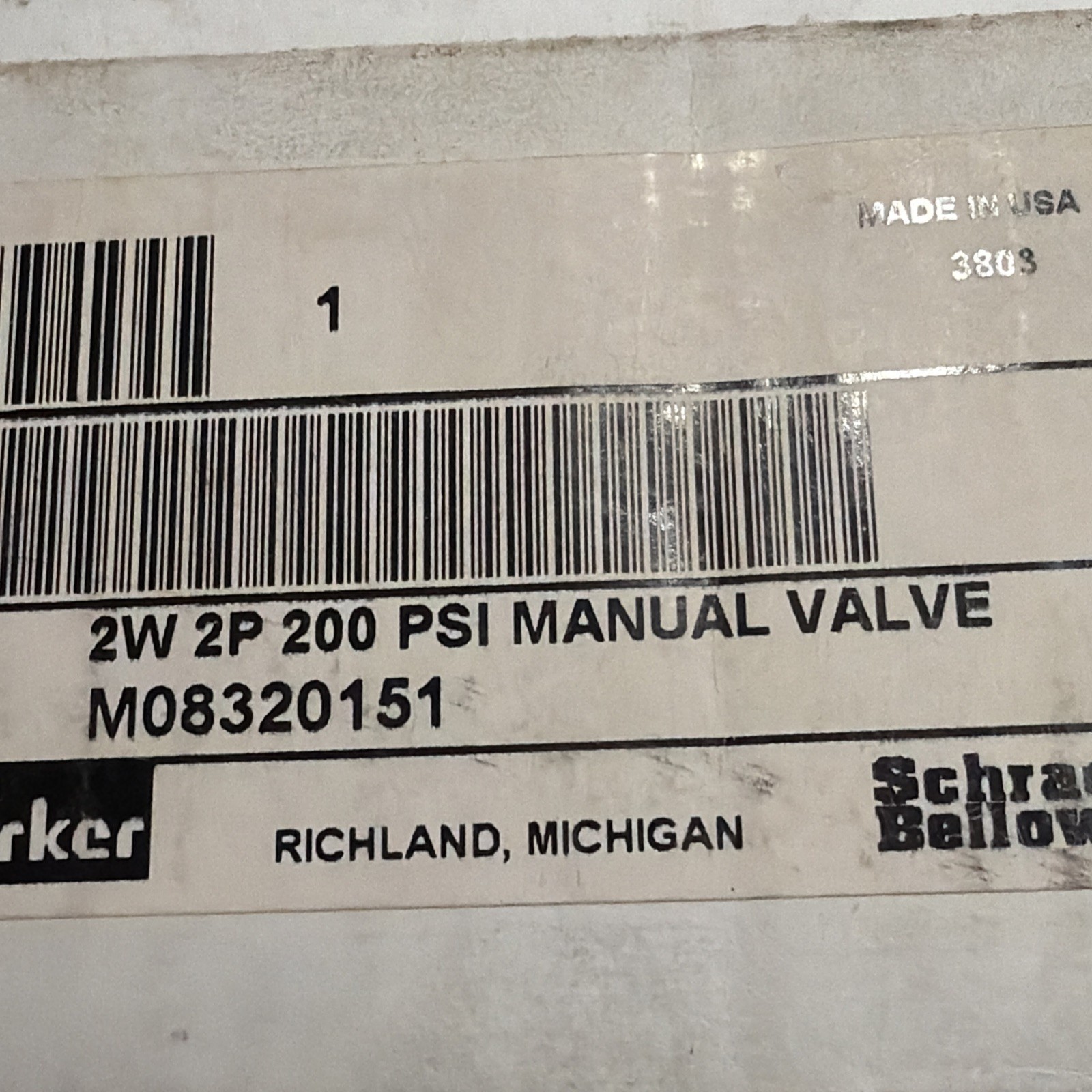 SCHRADER BELLOWS / PARKER – M08320151 VALVE, MANUAL, 1/4NPT, Max 200PSI USA NNB