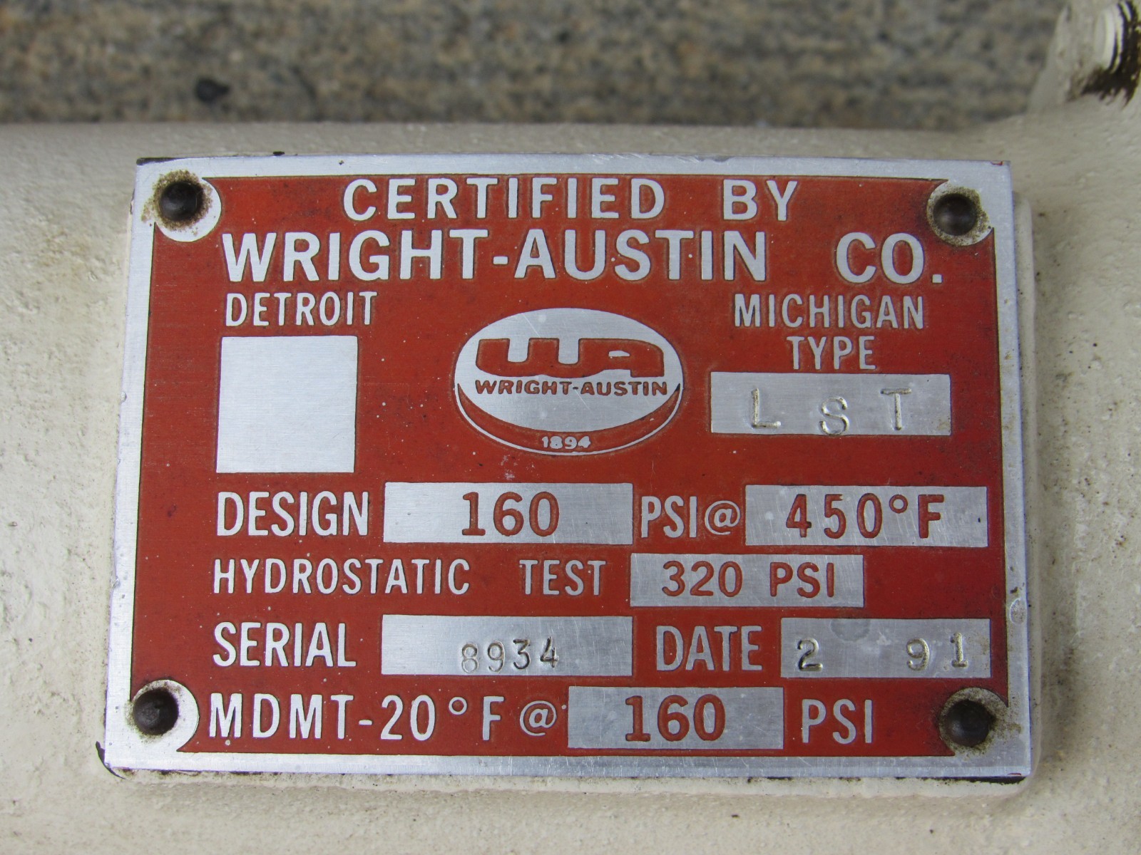Wright Austin LST separator water oil steam compressed air lines 160 PSI 450 F