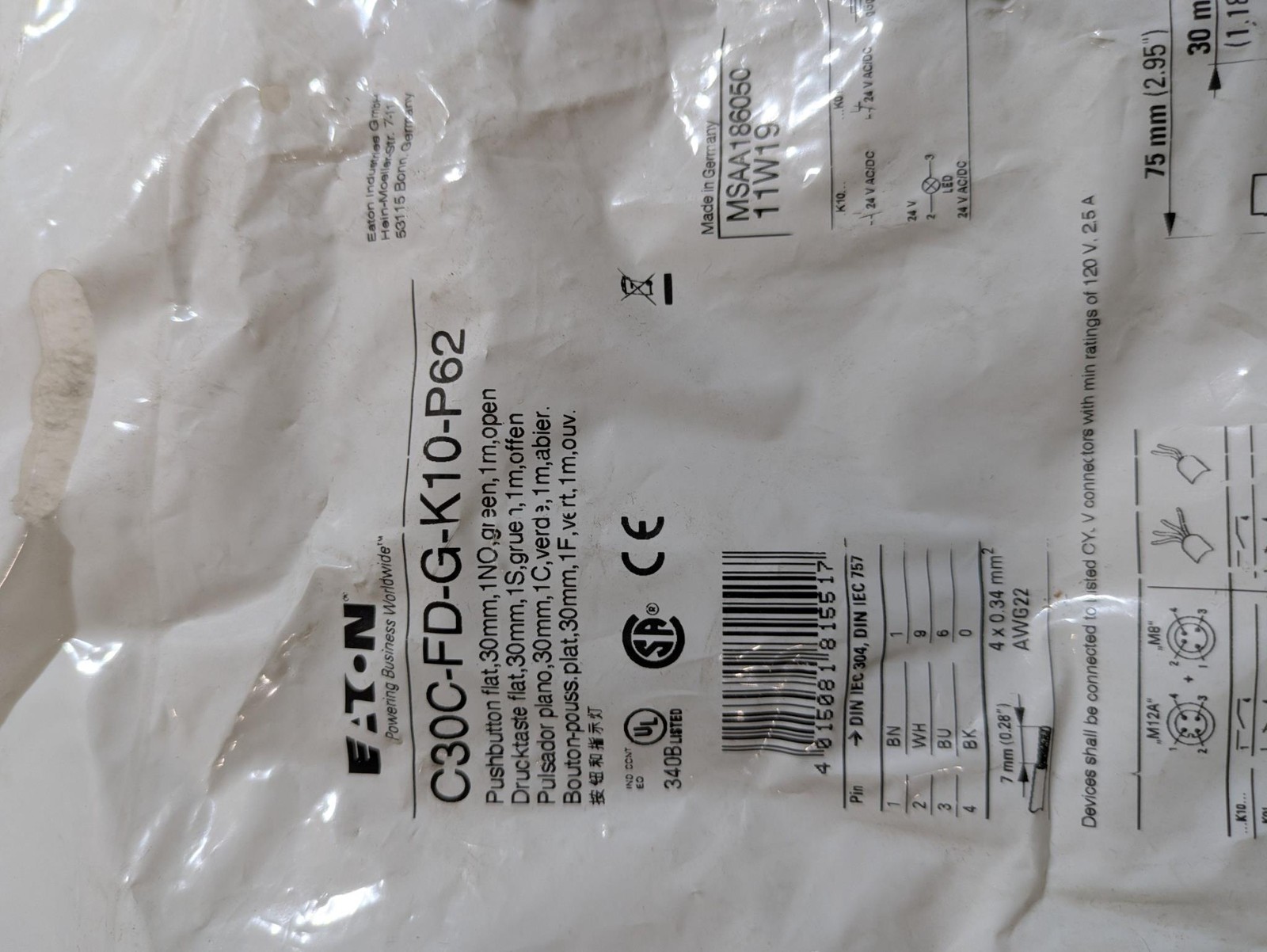 EATON C30C-FD-G-K10-P62 PUSHBUTTON FLAT, 30MM, 1NO, GREEN, 1M, OPEN