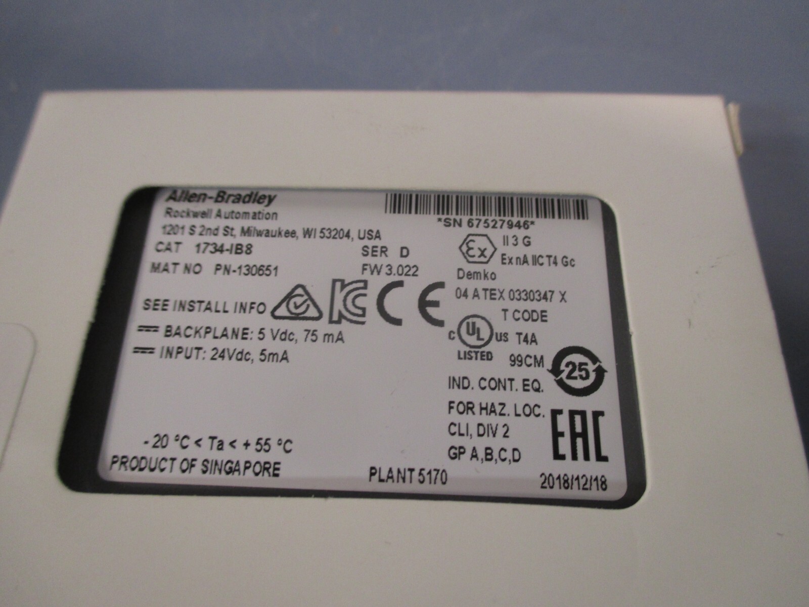 Allen-Bradley 8Point Digital Input Module Series D 1734-IB8