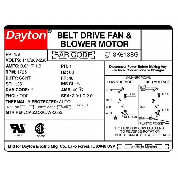 Dayton 3K613 Split-Phase Belt Drive Motor, 1/6 Hp, 48 Frame, 115/208-230V Ac