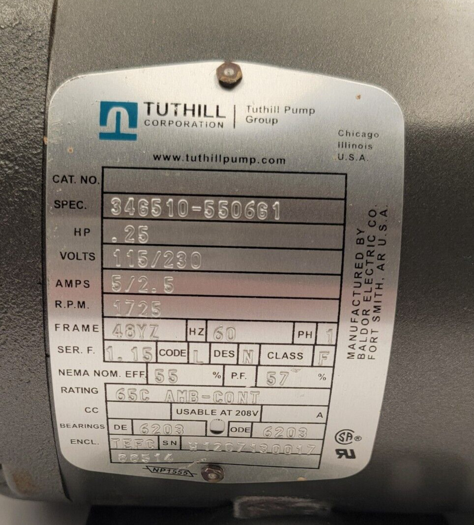 TUTHILL CORPORATION #346510-5506G1 MOTOR BALDOR ELECTRIC CO. MOTOR