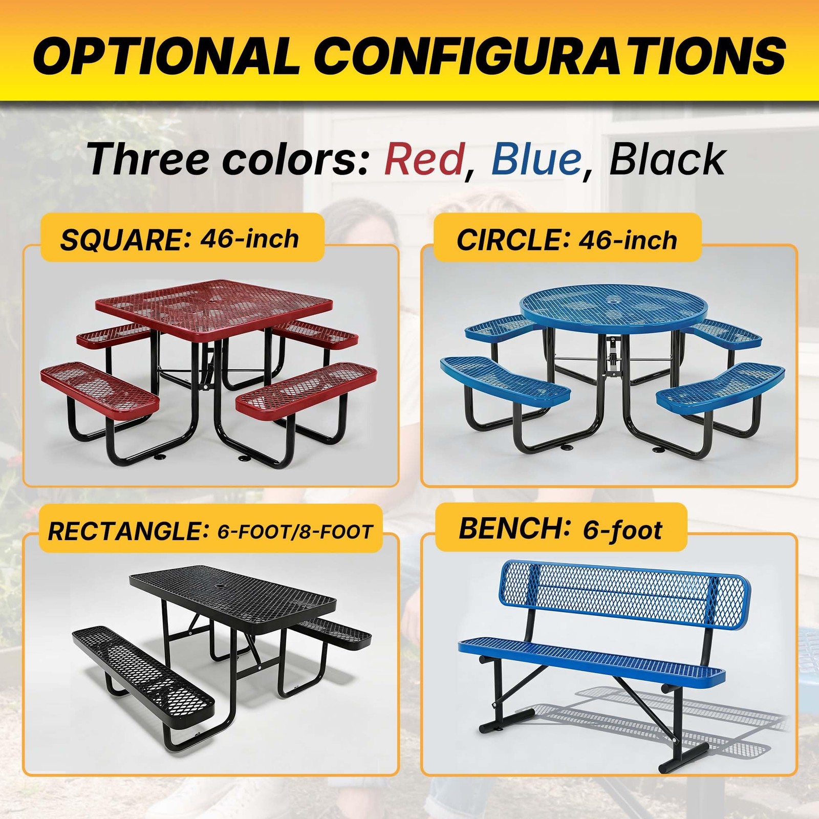 LAUCO 46-Inch Round Metal Picnic Table with Attached Benches, Black 1000 lb