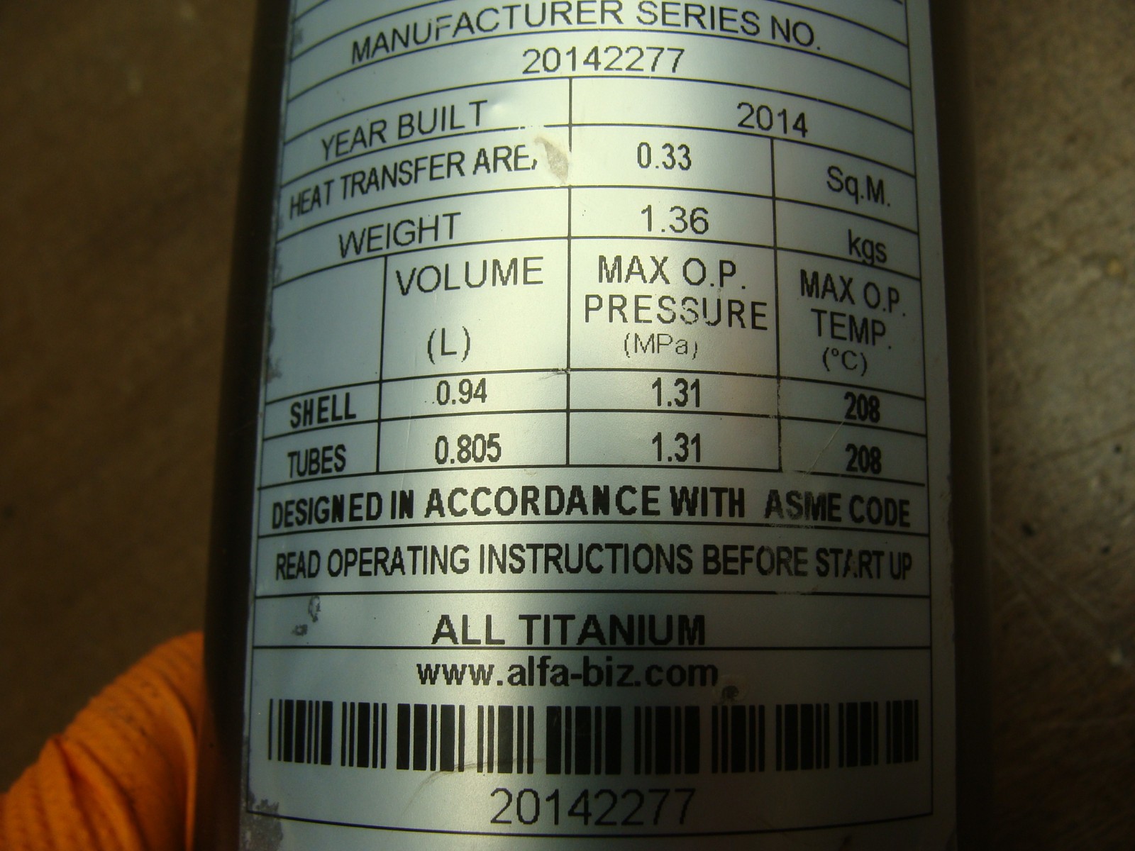 AB TITANIUM SHELL & TUBE HEAT EXCHANGER SP-155KTI-S 155,000 BTU/HR