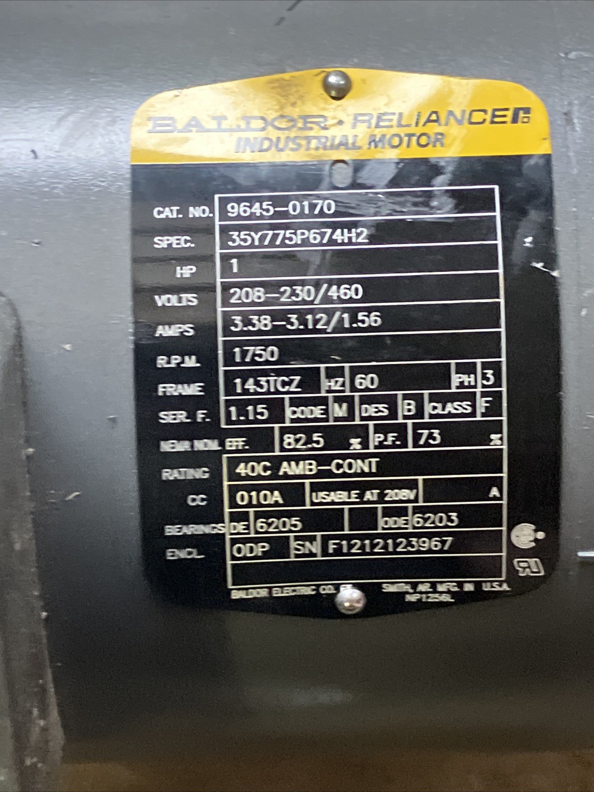 BALDOR 35Y775P674H2 MOTOR 1HP 1750 RPM 3PH 60HZ 3 Ph 208-230/460