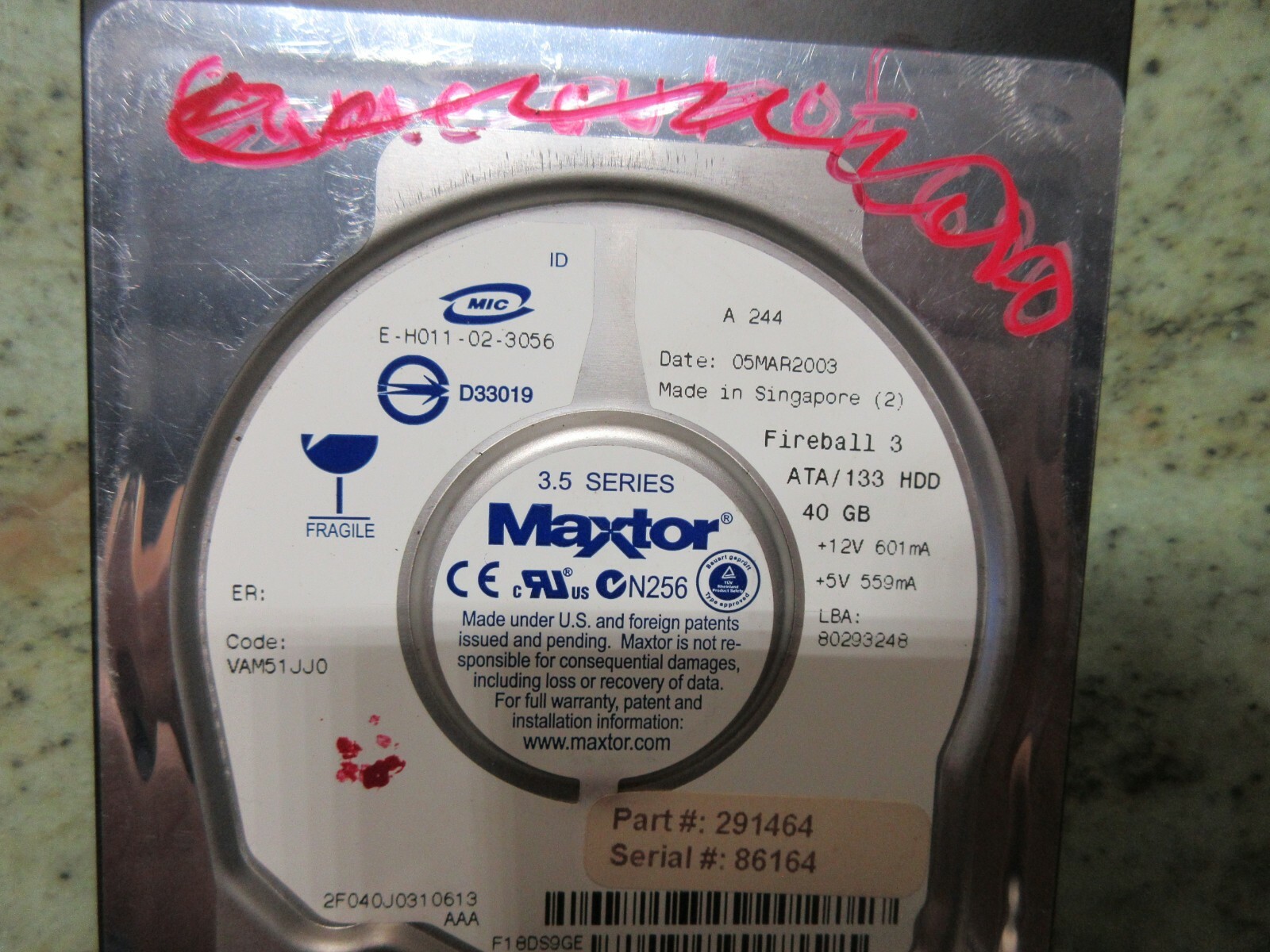 MAXTOR 3.5 HDD E-H011-02-3056 D33019 A 244 3 291464 B2FFA CHARMILLES 690 EDM