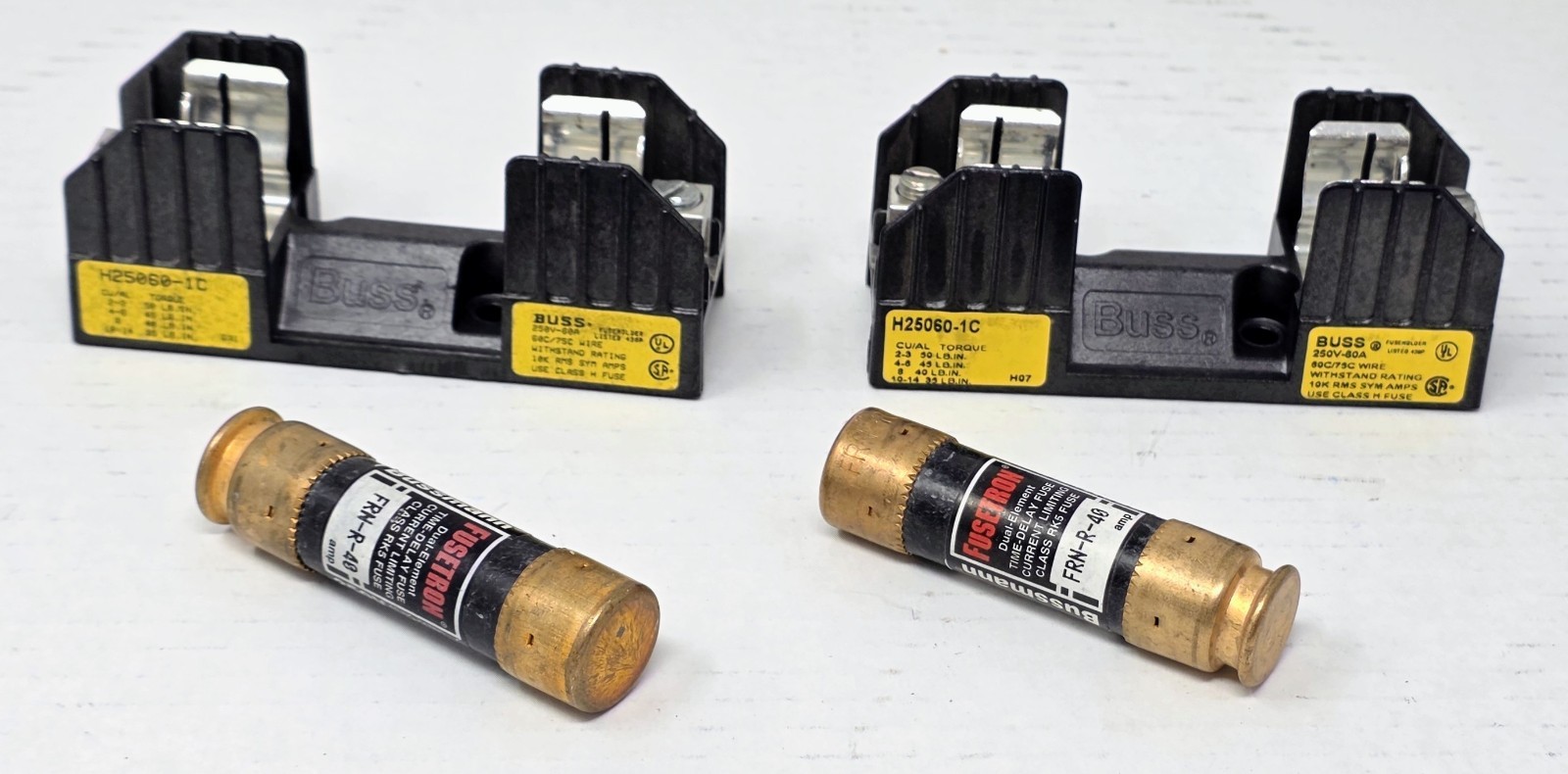 (Lot of 2) Buss H25060-1C 250V 60A Fuse Holder w/ 2x Fusetron FRN-R-40 Fuses