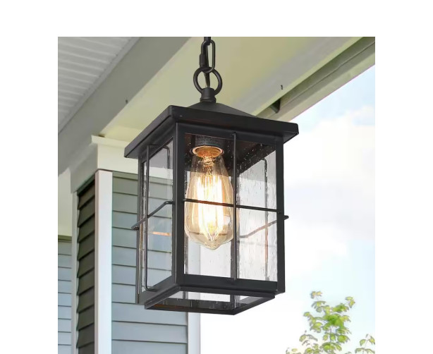 LNC Modern Farmhouse Black Outdoor Lantern 1-Light Pendant w/ Seeded Glass