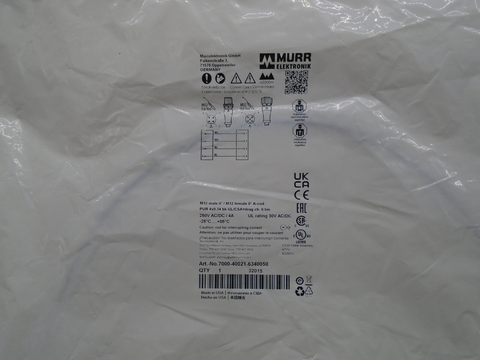 New old Stock 7000-40021-6340050 Murr Elektronik Cable R62