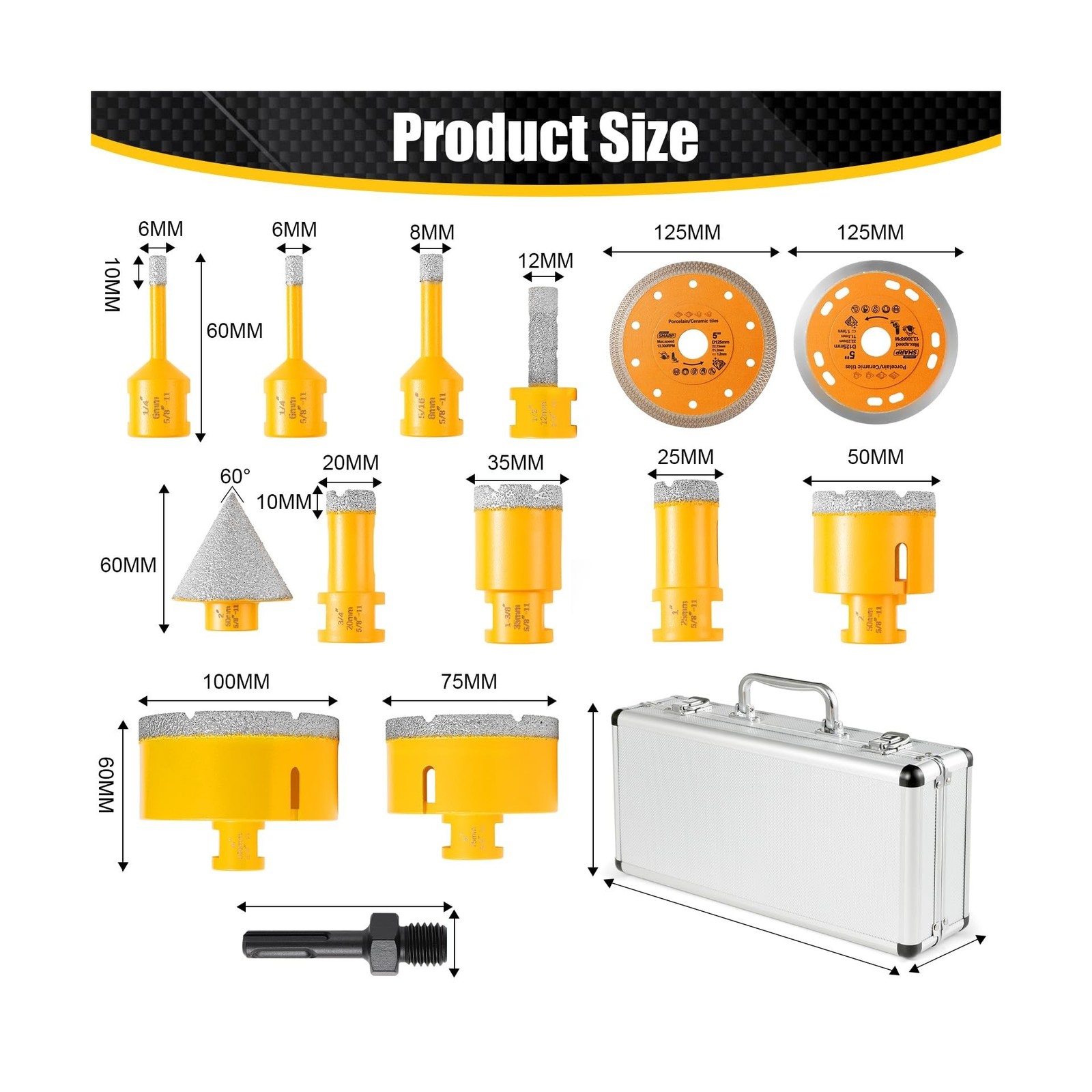 14Pcs Diamond Tile Hole Saw Kit,6/6/8/20/25/35/50/75/100MM Core Drill Bits Se…