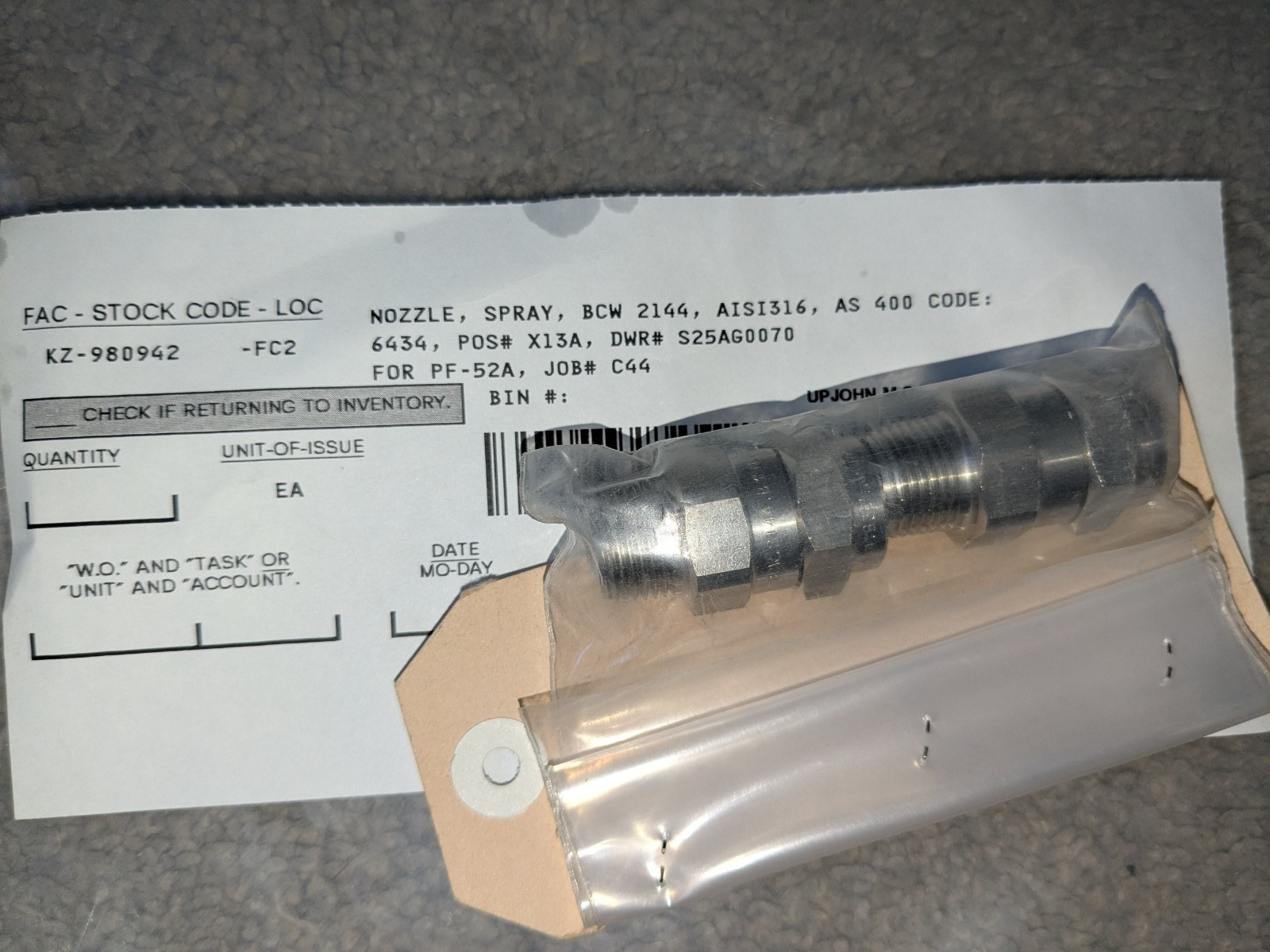 Stainless Steel Spray Nozzle BCW 2144 AISI 316 for PF-52A Pharma Machine NOS