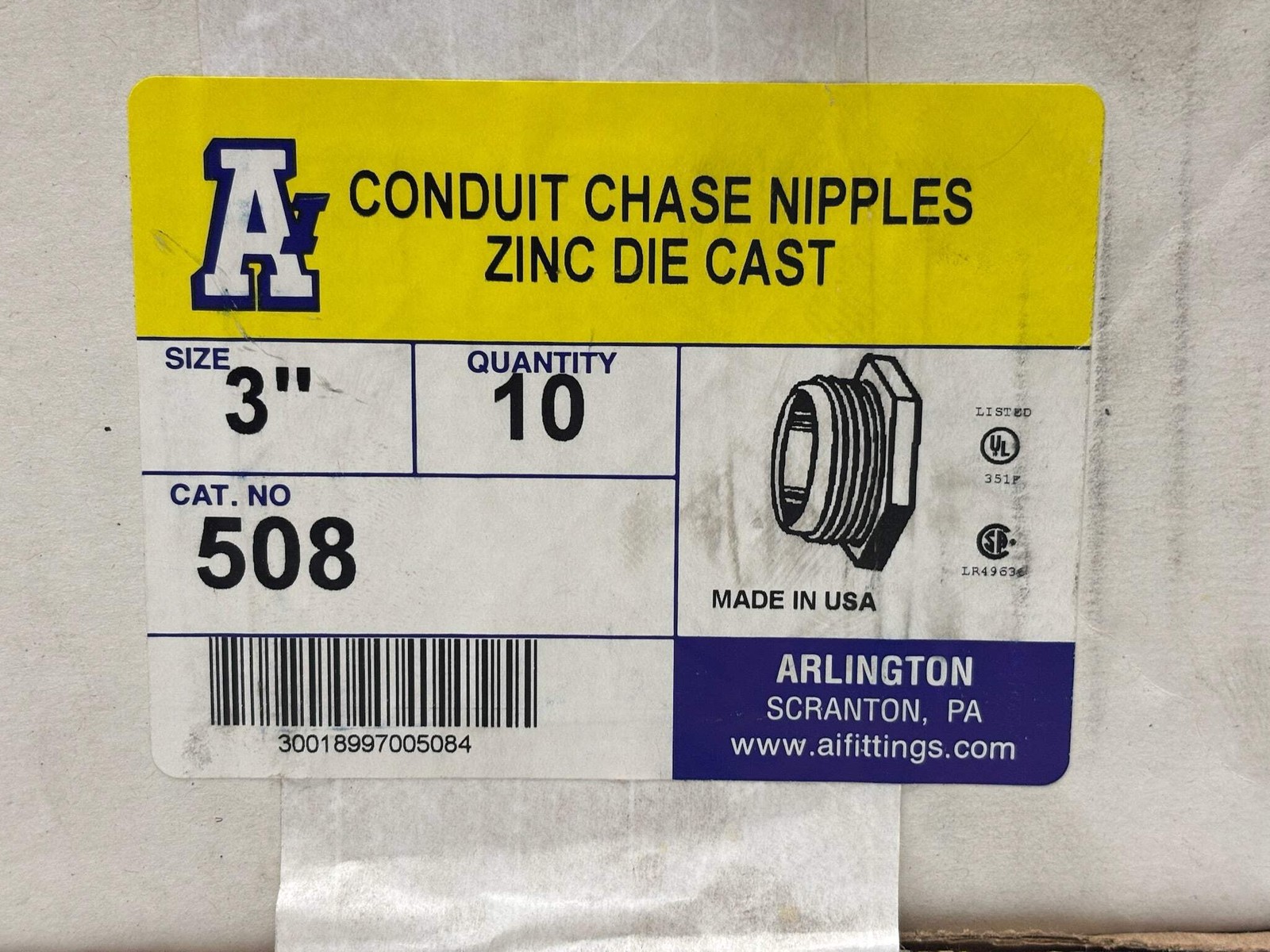 Arlington 508 3″ Zinc Die-Cast Conduit Chase Nipple for Rigid/IMC – 20 Pack