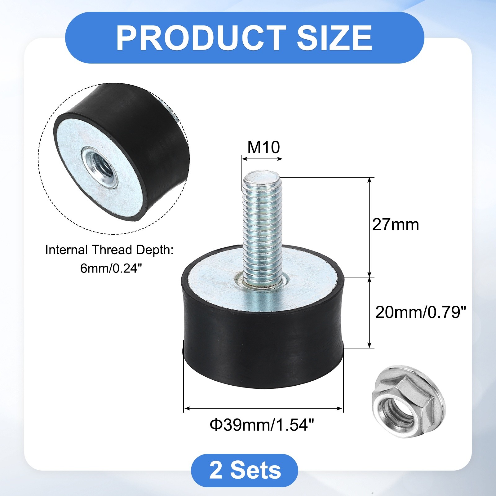 2Pcs M10x27mm Rubber Mounts, 40x20mm(DxH) Rubber Shock Absorber Mount with Nuts