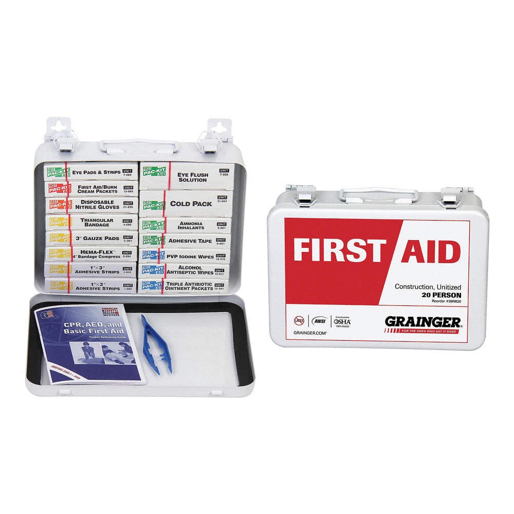 GRAINGER APPROVED 54581 First Aid Kit w/House,110pcs,3×7″,WHT 39N826