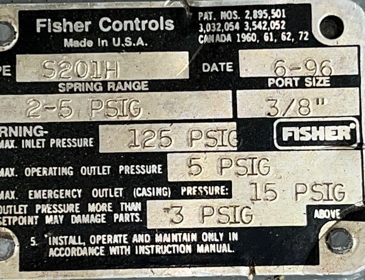 FISHER CONTROLS RELIEF VALVE S201H 2-5 PSIG SPRING 125 PSIG INLET 3/8″ PORT SIZE