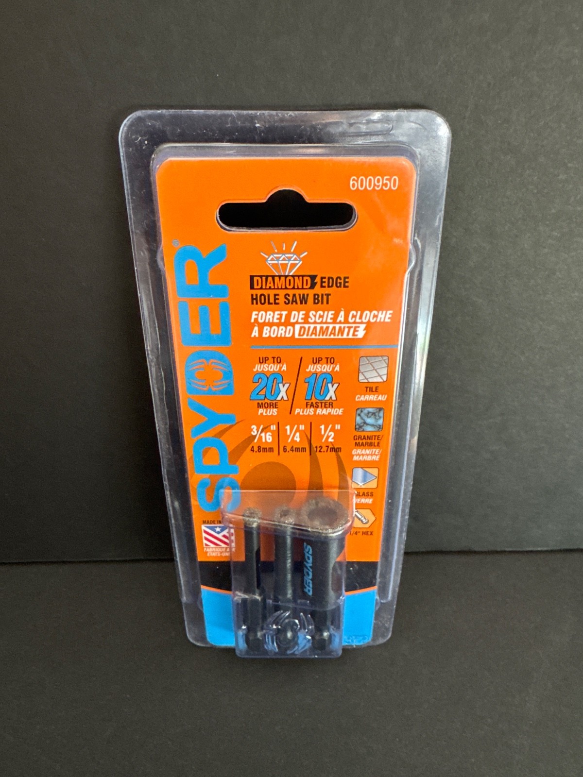 Spyder 600950 3-Piece Diamond Edge Hole Saw Bit Set (3/16, 1/4, 1/2-Inch)