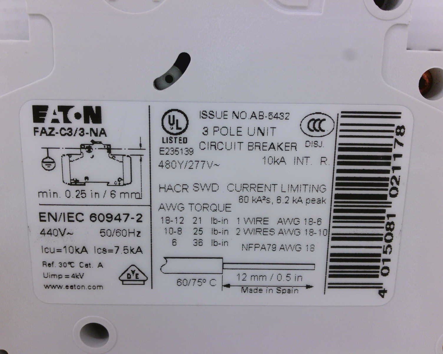 USSP Eaton FAZ-C3/3-NA Circuit Breaker 3 Pole