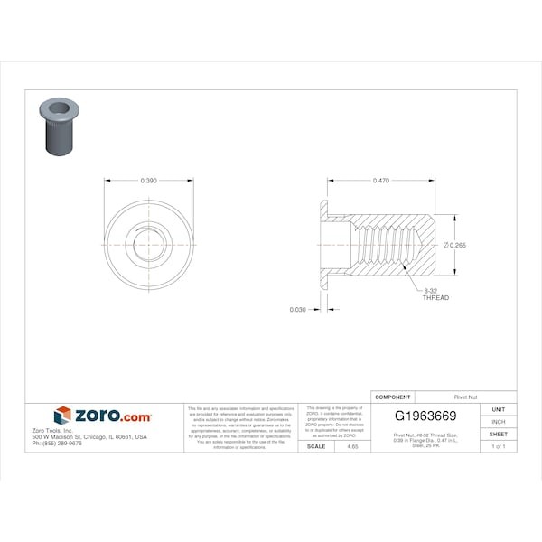 Avk Als4t-832-130B Rivet Nut, #8-32 Thread Size, 0.39 In Flange Dia., 0.47 In