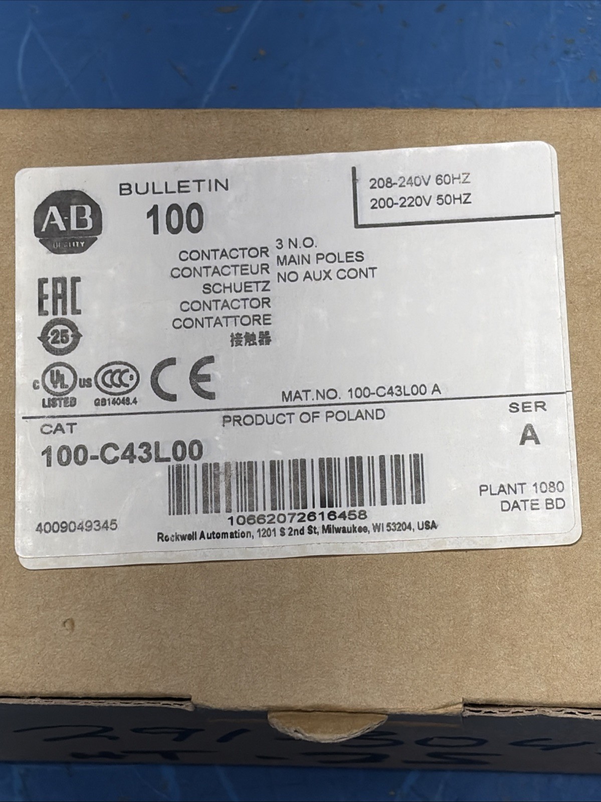 New! Allen Bradley 100-C43L00 Contactor 100-C43*00, 208-240V 60Hz Coil Ser A NIB