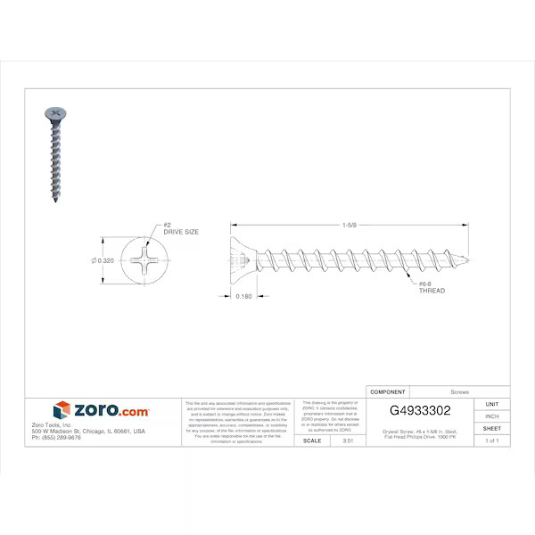 Senco Drywall Screw, No 6 x 1-5/8 in, Steel, Flat Head Phillips Drive, 1000 PK