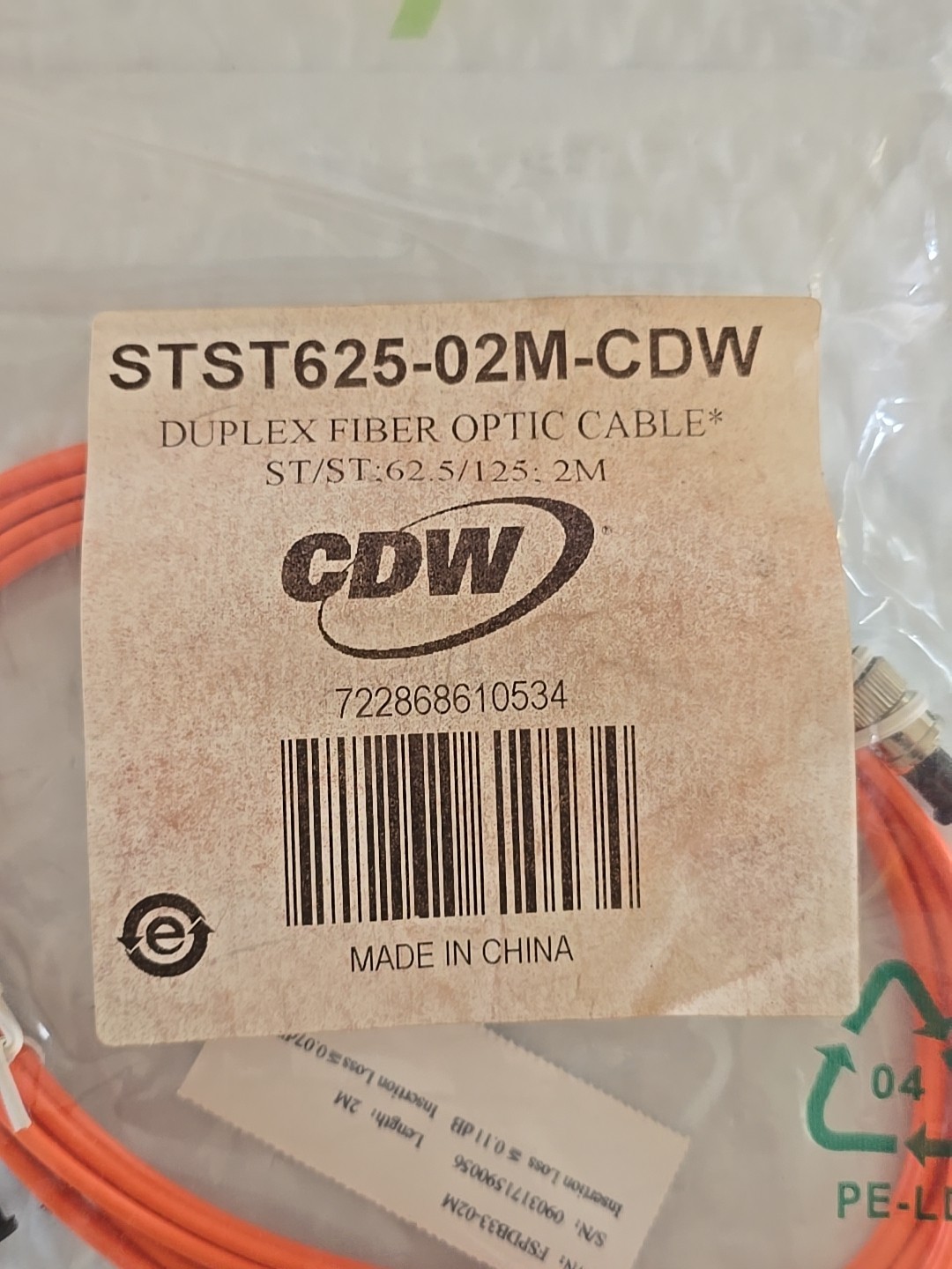 NEW CDW STST625-02M-CDW FIBER OPTIC PATCH CABLE STST62502MCDW