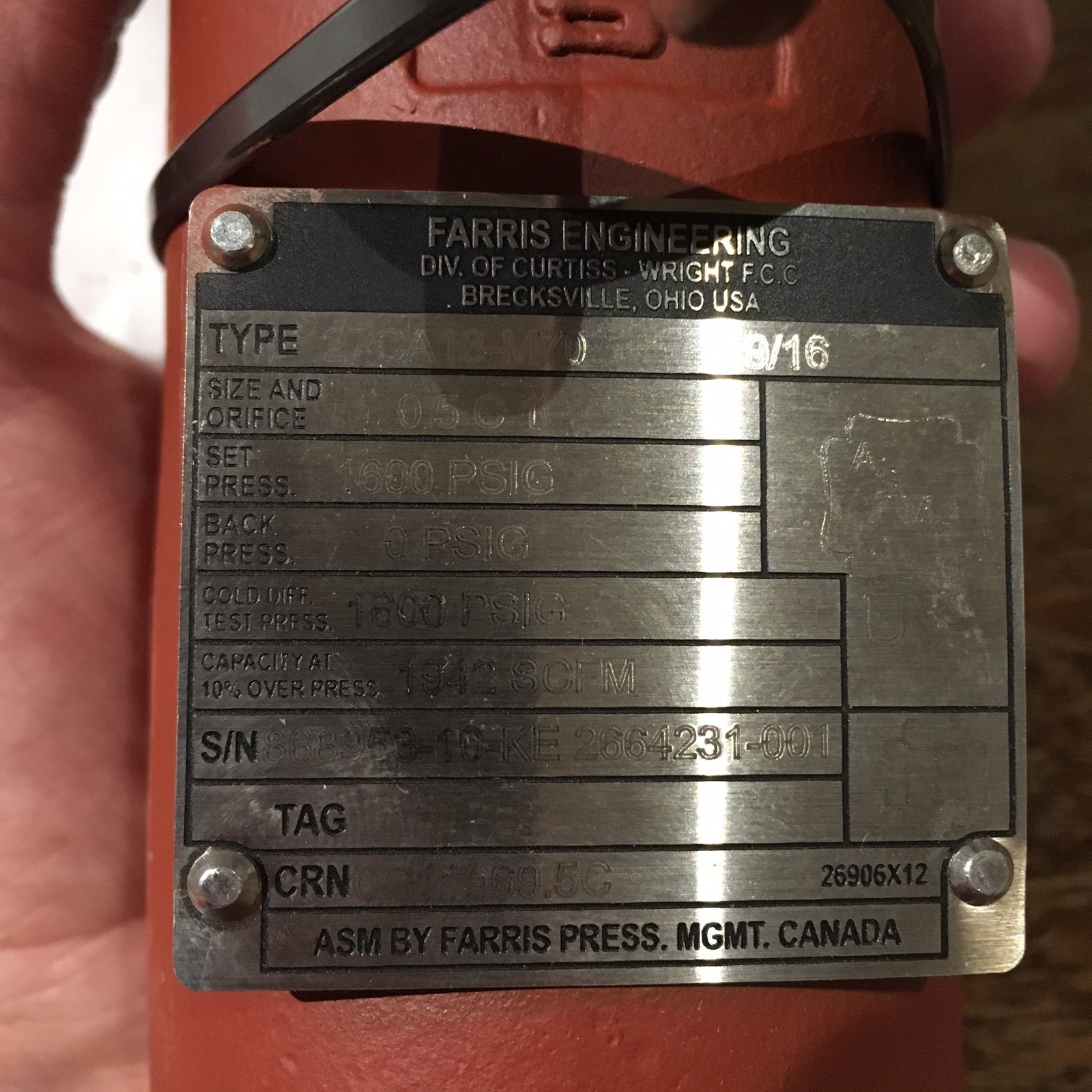 Farris 27CA13-M70 Pressure Release Valve 2700 Series 0.5″ Outlet 1″ 1600psi