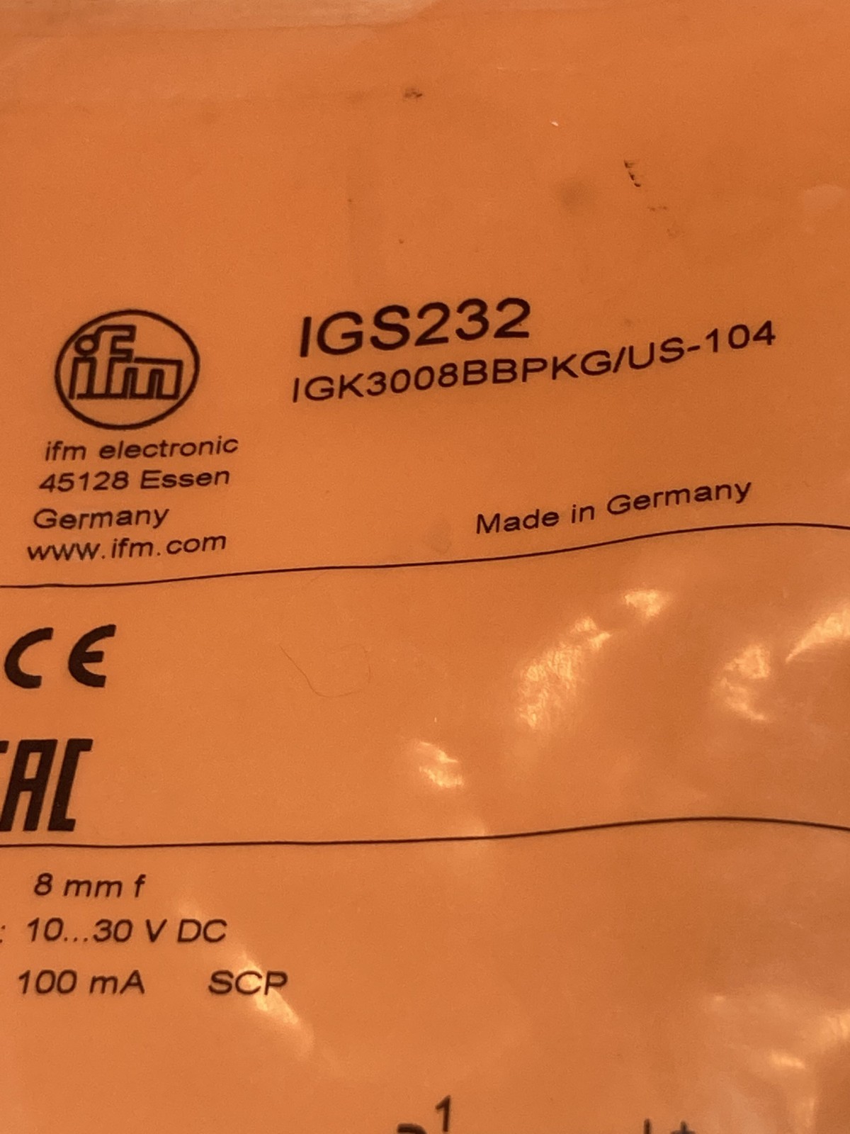IFM IGK3008BBPKG/US-104 PROXIMITY SWITCH 8MM SEN 10-30VDC 100MA IGS232 NIB