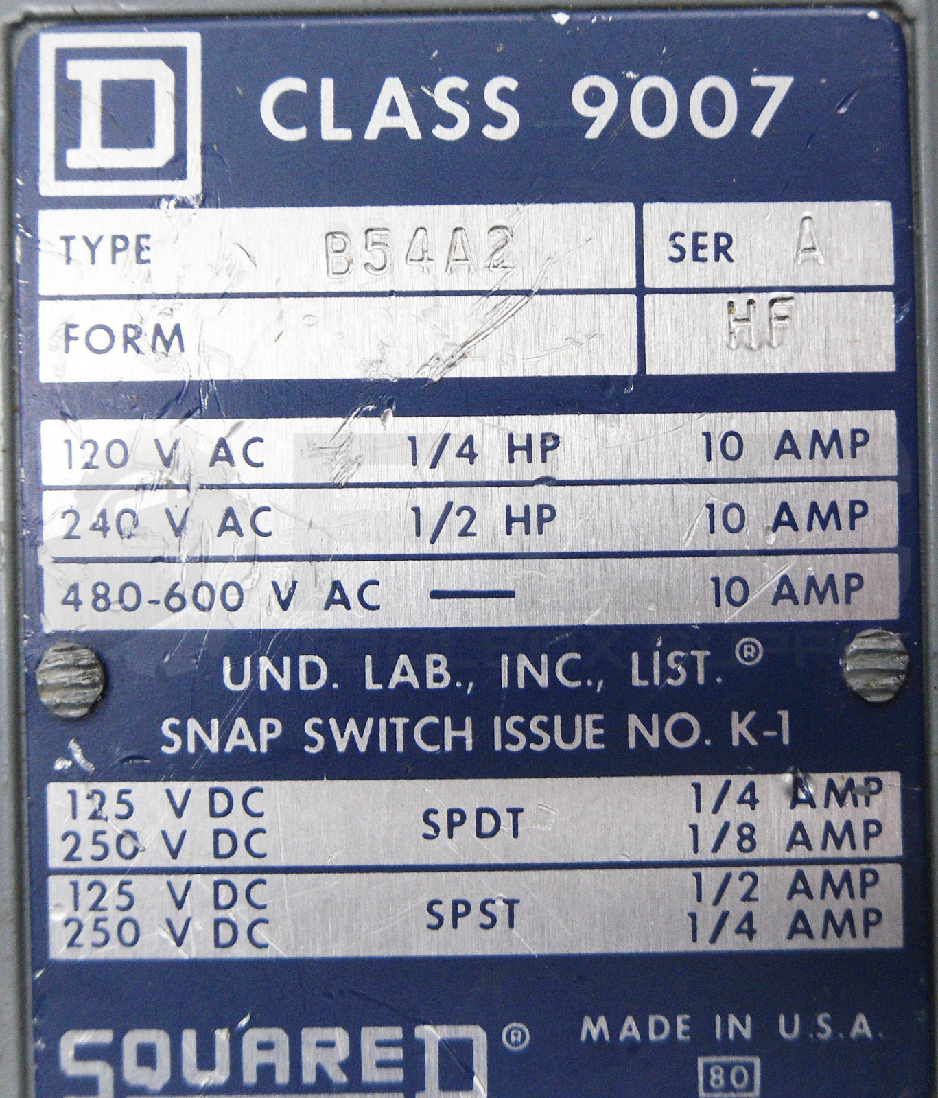 SQUARE D 9007 B54A2 /A LIMIT SWITCH 600VAC 1/2HP 10A *READ*