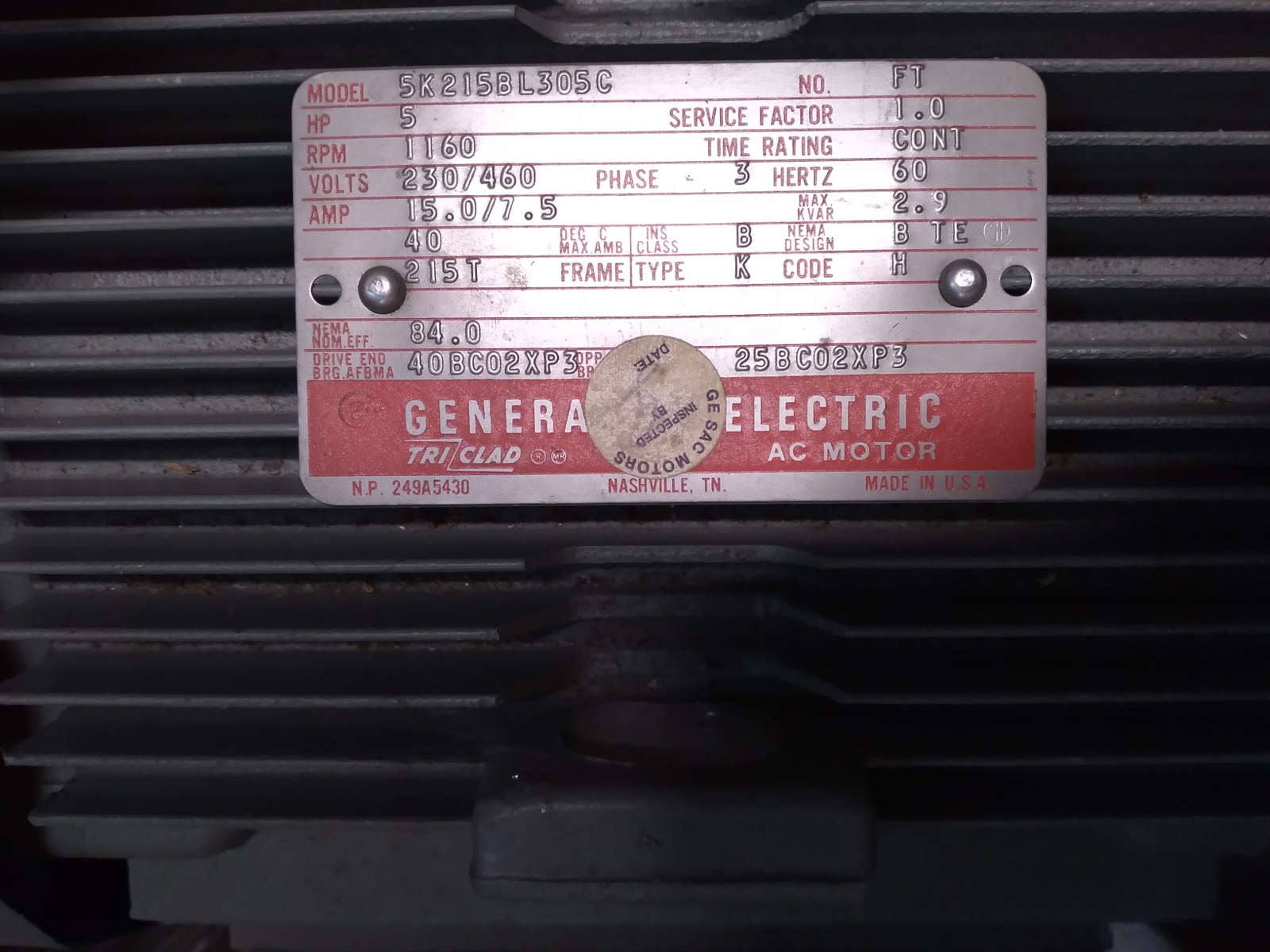 GE FT 60HZ K AC MOTOR 5K215BL305C 5HP 1160RPM 230/460 81 3P