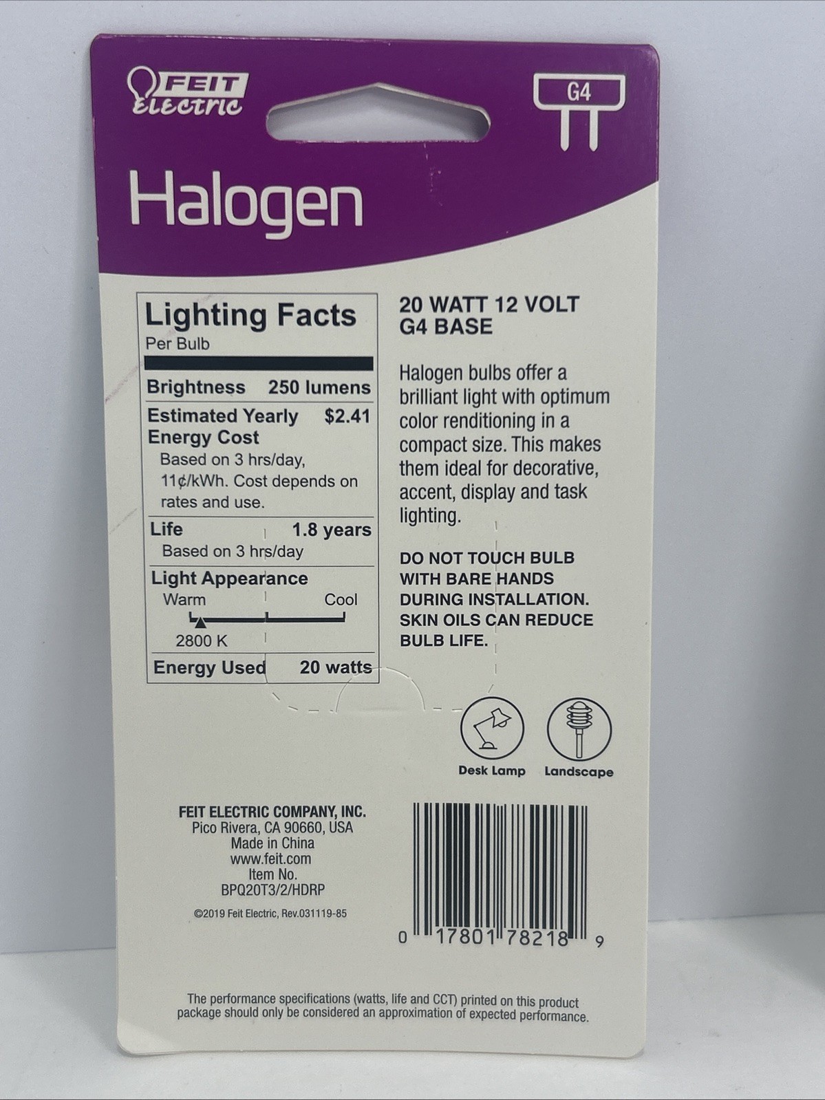 2 Packs Feit Electric 20-Watt G4, Clear Bulb 12 volt, 4- Bulbs NEW SEALED