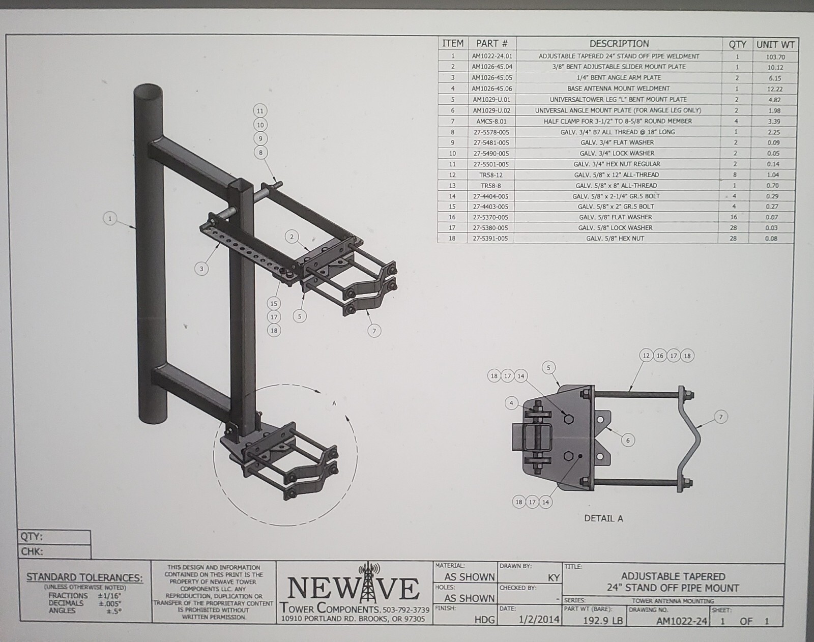 NEWAVE Tower Components AM1022-24 Adjustable Tapered 24″ Stand Off Pipe Mount