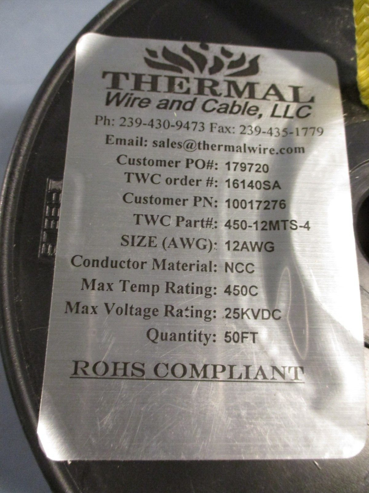 THERMAL WIRE & CABLE Flame Rod High temp wire 12AWG, NCC, 450C 50FT 450-12MTS-4
