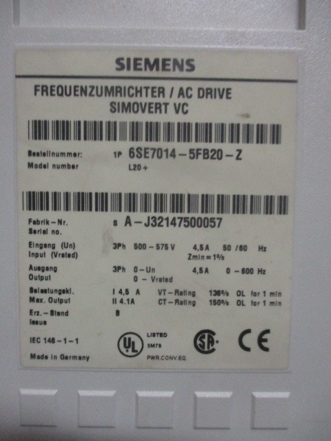 Siemens 6SE7014-5FB20-Z Simovert VC AC Drive 500-575V 3Ph 4.5A *NO CUVC *Tested*