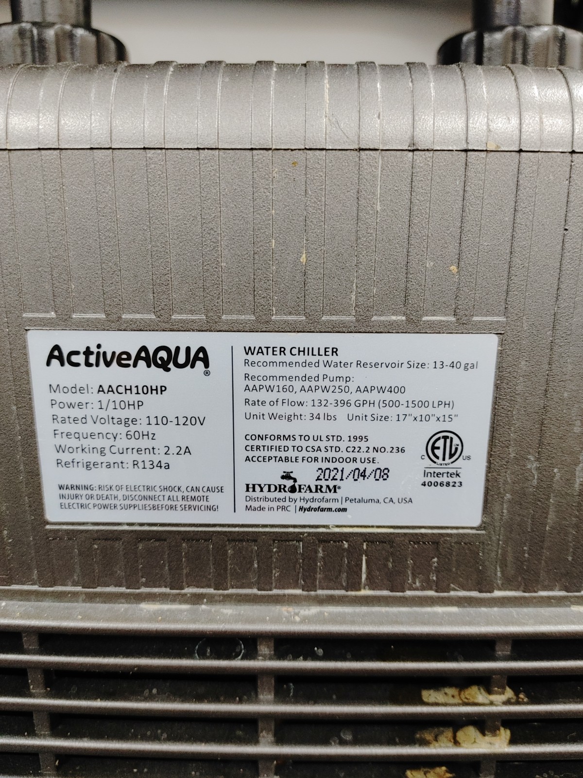 HYDROFARM ACTIVE AQUA AACH10HP Water Chiller with Power Boost