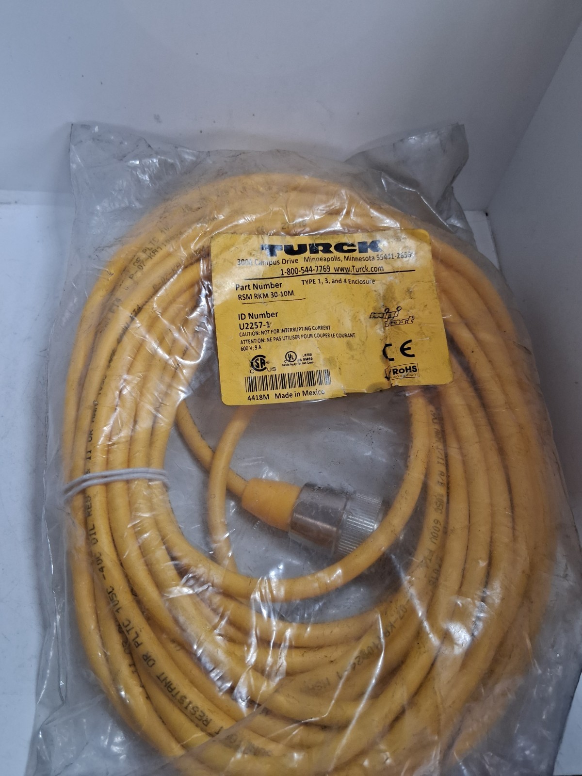 TURCK RSM RKM 30-10M (U2257-1) CORDSET DOUBLE ENDED 3 PIN M/F 600V 9A NIB