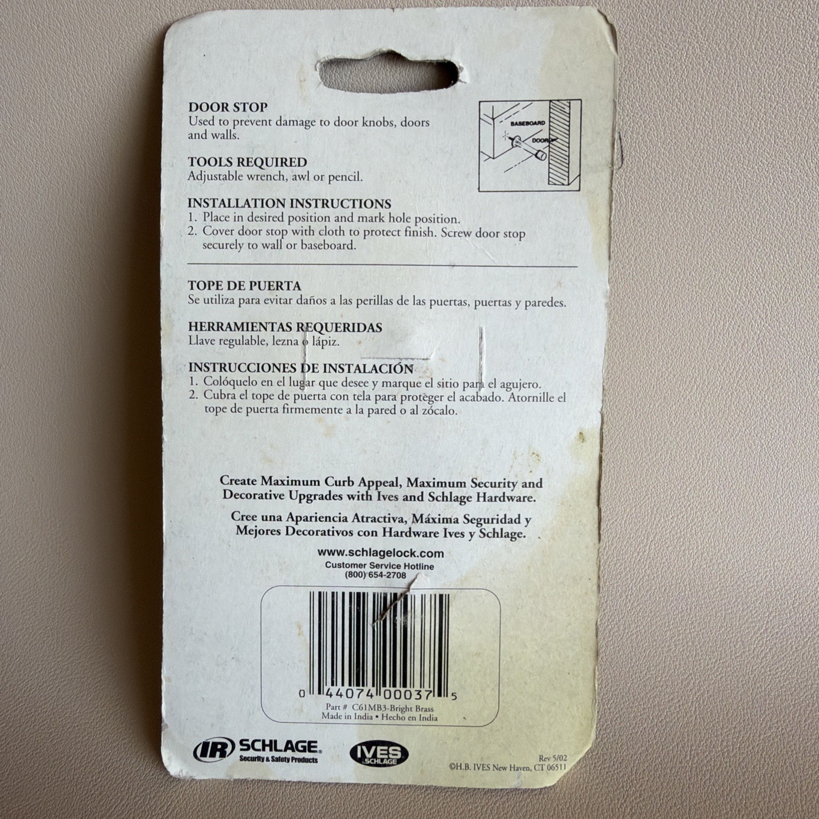 Schlage Ives Solid Brass Door Stop 3 ” Decorative Hardware New