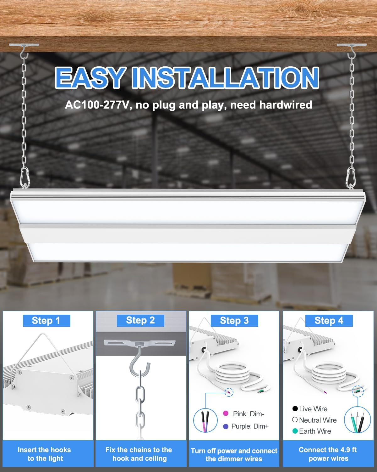 400W LED High Bay Shop Light 60,000LM, 2.2FT High Bay LED Warehouse Light UL Lis