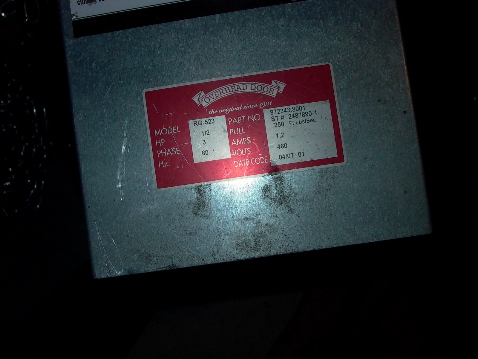 USED OVERHEAD COMMIECIAL DOOR OPNER 3PH 460V 1/2HP RG-523 EMAIL FOR PICK UP